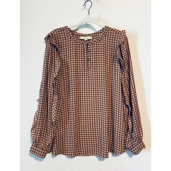 LOFT Top Womens Large Medallion Print Ruffle Sleeve Detail Red Peasant Boho - Picture 1 of 7